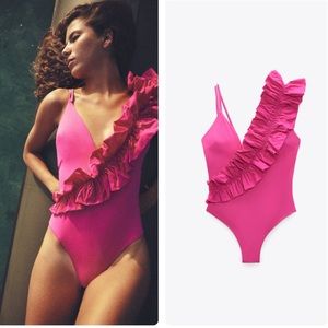 Zara NWT fuschia ruffled swimsuit